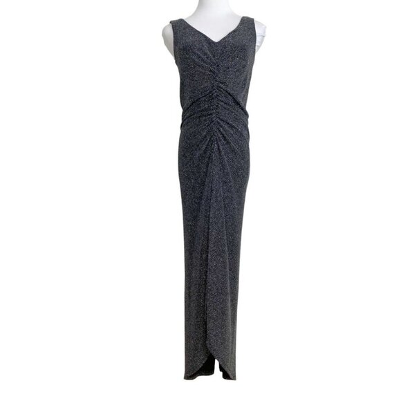 NWOT FRANK LYMAN COLLECTION BLACK SILVER METALLIC RUCHED HIGH LOW EVENING DRESS - Picture 1 of 7